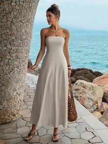 PoPoHouse Women's Elegant 100% Cotton Maxi Dress Sexy Backless Pocketed A-Line Waist Strapless Tube Flowy Dress For Daily Casual Summer Beach Vacation Party Going Out Outfit - Apricot - View 10