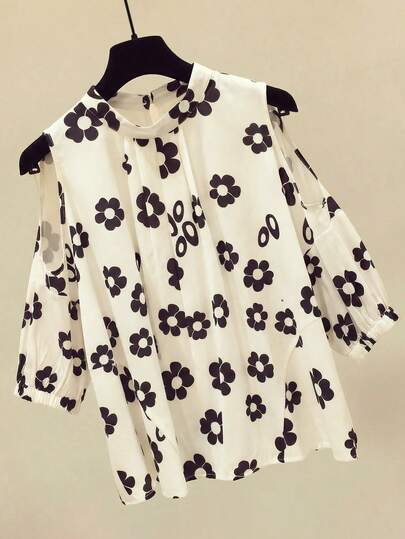 Áo sơ mi nữ cỡ lớn mùa xuân/hè 1 chiếc cổ xếp ly in hoa dáng rộng, thích hợp mặc ở nhà, ngoài trời và đi làm.