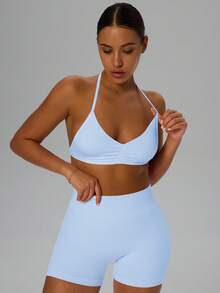 Yefecy 1 pieza Sujetador deportivo de alto impacto con cuello halter para mujer, top de entrenamiento sin costuras con relleno fruncido, ropa deportiva elástica para gimnasio, yoga, uso diario, athleisure y streetwear - Celeste - Ver 3