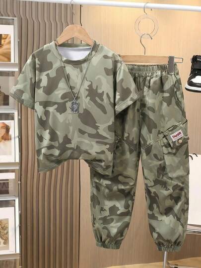 Camo Casual Outfit For Teens - Camo Sports Set, Children's Summer Breathable Workwear Style - Camo Short Sleeve Tee + Drawstring Pants, Suitable For 8-14 Years Old Boys For Daily Wear Or Outdoor Activities