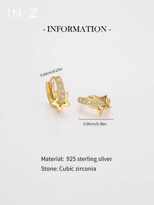 IN Z 1pc Elegant 925 Sterling Silver Hollow Five-Pointed Star Cubic Zirconia Hoop Earrings, Minimalist Design Suitable For Girls And Women For Daily Wear And Parties - Multicolor - View 3