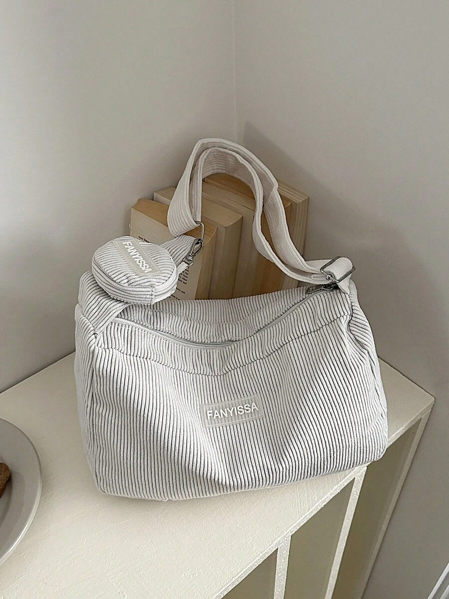 1件白色灯芯绒面料顺滑拉链字母装饰时尚休闲纯色简约春季新款独特斜肩女士手提包，适合女性日常使用 - 白色 - 查看 1