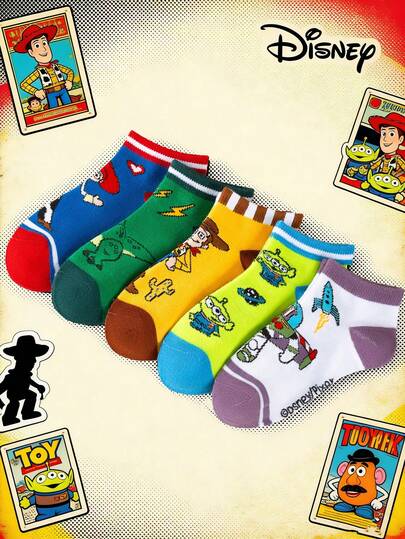 Disney Bộ 5 đôi: Tất cổ ngắn cho bé trai, phù hợp mọi mùa - Với họa tiết jacquard hình khủng long, tên lửa và phi hành gia - Thoải mái, mềm mại và thoáng khí.