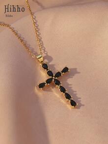 Hihho 1件简约奢华闪亮锆石十字架吊坠项链，优雅中性珠宝，寓意深刻，适合作为送给女友、闺蜜或节日礼物 - 金黃色 - 查看 16