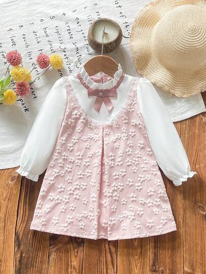 Đầm lưới xếp ly thời trang thường ngày dễ thương có nơ trang trí cổ đứng cho bé gái