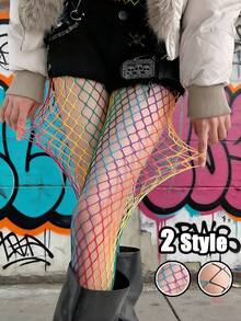 Quần tất lưới màu cầu vồng gradient dành cho nữ, quần tất lưới cỡ lớn phong cách Punk Y2K. - Nhiều màu - Xem 2