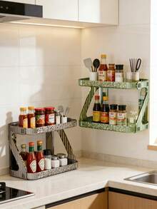 Estantería de 2 niveles para especias de cocina, montada en la pared sin necesidad de perforar, organizador de almacenamiento para botellas de aceite, sal, salsa y vinagre - Ver 2