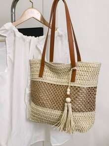 A New Stylish Vacation-Style Women's Beach Tote Bag, Lightweight Hand-Woven Straw Shoulder Bag With Contrasting Color Stripes And Tassel Decoration, Casual Woven Handbag With Zipper Closure, Perfect For Vacations And Travel, A Must-Have For Vacations, Beach Bag, Summer, Vacation, Woven Bag. - 米色 - 查看 7