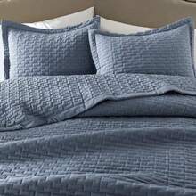 Dusty Blue Queen Size Quilt Set Geometric Box Lightweight Bedspread Soft Farmhouse Rustic Coverlet Spring Summer Thin Comforter Country Bedding 90x90 inches - Neblina azul - Ver 7