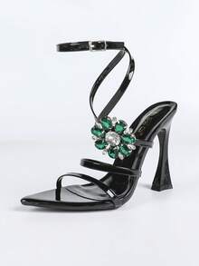 Jin Bei Qi 女士尖头纯色漆皮水钻花朵装饰单带交叉踝带露趾户外派对细高跟凉鞋，优雅迷人时尚派对宴会浪漫亮黑色高跟鞋 - 黑色 - 查看 8