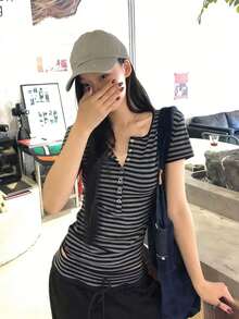 条纹修身短袖休闲上衣 - 灰色 - 查看 7
