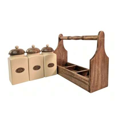 Cream Ceramic Coffee Tea Sugar Jars Air Tight Lids Brown Wooden Rk Kitchen