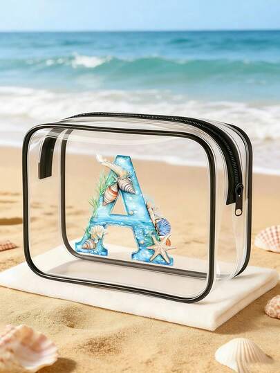 Túi đựng mỹ phẩm PVC dung tích lớn tinh tế, in họa tiết chữ đại dương và sao biển vỏ sò, có khóa kéo, là túi đựng đồ dùng vệ sinh cá nhân du lịch chất lượng cao, nhẹ nhàng, dễ mang theo và dễ vệ sinh, thích hợp cho du lịch, nghỉ mát biển và công tác, là món quà tuyệt vời cho bạn bè hoặc người thân.