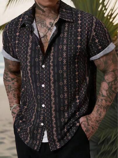 Men's Business Casual Striped Short Sleeve Shirt, Black Color, Summer