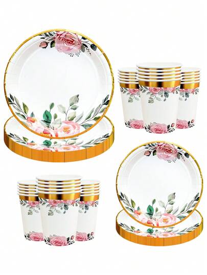 Bộ 10/30/60 đĩa và cốc giấy hoa trắng, đĩa tròn 7/9 inch, cốc giấy 3.5 inch, hoa hồng hồng viền vàng, bộ đồ ăn dùng một lần, thích hợp cho tiệc cưới, tiệc mừng em bé, tiệc sinh nhật, tiệc cưới cho nam và nữ.