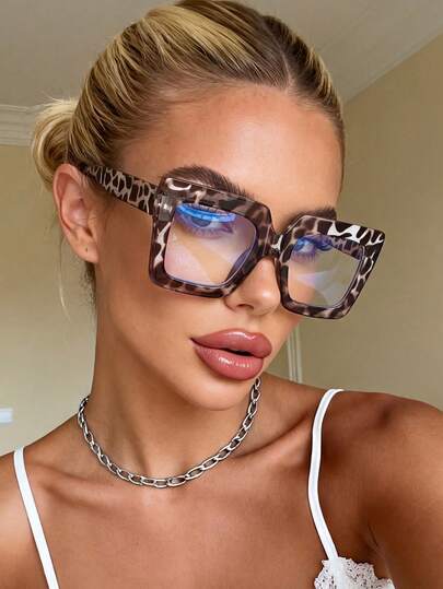 1 Cặp kính gọng vuông lớn, họa tiết da báo, tròng trong suốt, phù hợp với mọi khuôn mặt, quà tặng ngày lễ, thích hợp cho trường học, văn phòng, kỳ nghỉ, chụp ảnh như một phụ kiện thời trang, kính mắt độ nét cao.