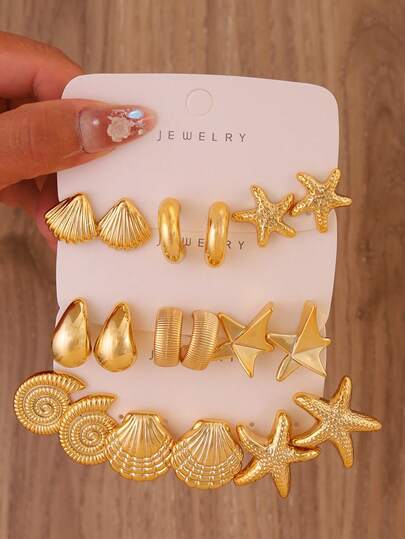 6/18件套时尚耳环套装，水滴形和C形海洋风耳环，适合日常佩戴和节日场合，低过敏性厚镀金优雅耳环，女士专属，送给女友、母亲的完美礼物