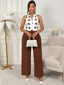 AIJ Amarilo 2026 Spring/Summer Women Green Polka Dot Camisole & Wide Leg Pants 2 Pieces Set - Brown - View 5