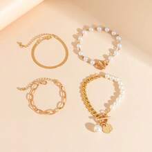 Juego de pulseras para mujer, estilo minimalista y elegante para el día a día, con cadena dorada, pulsera de perlas, cadena de serpiente, colgante redondo y cierre de langosta - Pulsera redonda con hebilla Pearl OT - Ver 3