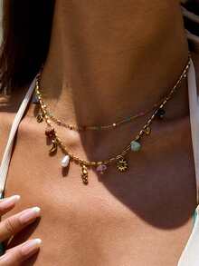 1条18K镀金多层彩色项链，配有海马、海星、心形、太阳吊坠，优雅波西米亚风格，适合作为女士礼物 - 多色2 - 查看 2
