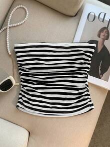 女士黑白条纹褶皱抹胸上衣 | Y2K 无袖露脐抹胸上衣沙滩装扮，优雅女士衬衫，休闲女士衬衫，派对上衣，夏季度假装扮 - 彩色 - 查看 2
