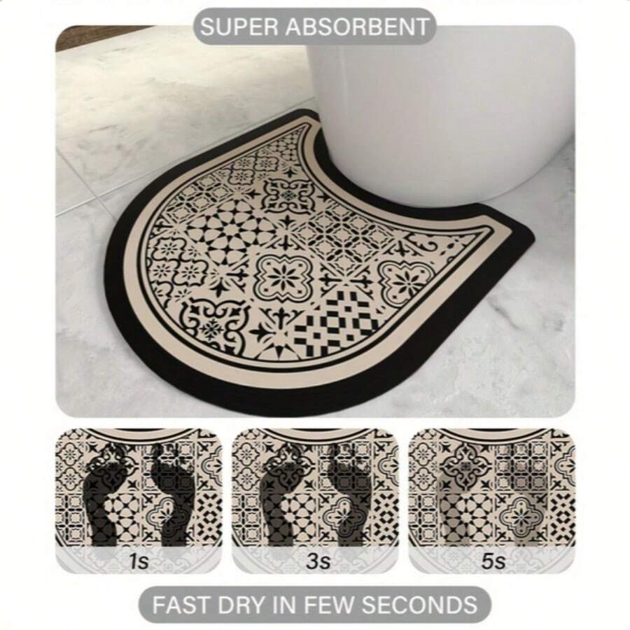 Non-Slip U-Shaped Bath Rug, Plaid Polyester Blend Quick-Drying Mat, Knit Weave, Machine Made With Rubber Backing, Hand Wash Only - Bathroom Diatom Mud Absorbent Floor Mat For Toilet