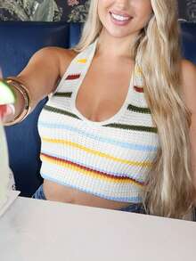 1pc Contrast Stripe Knit Ribbed Halter Neck Sweater Vest, Suitable For Beach, Evening Date, Vacation, Everyday Wear, Spring/Summer - Multicolor - View 2