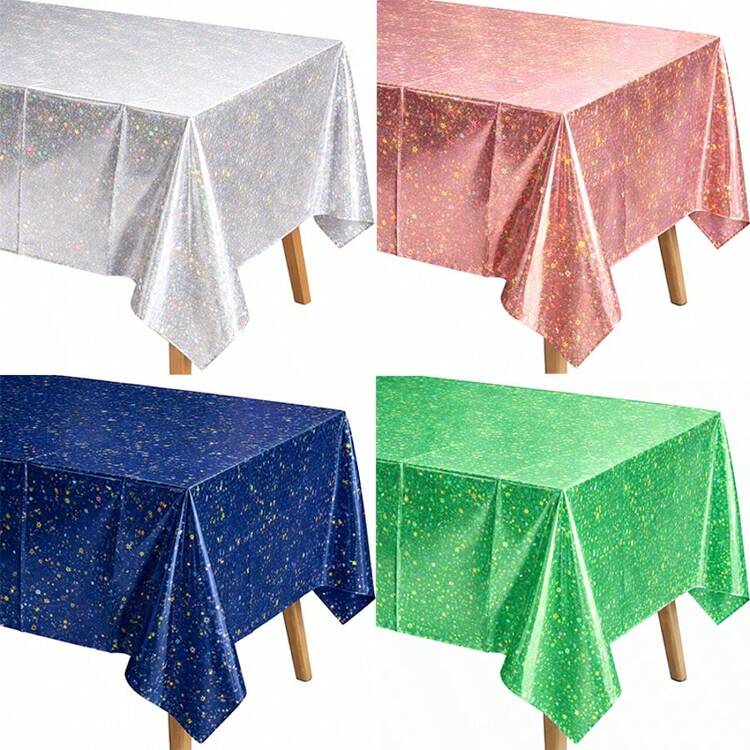 Holographic Silver Tablecloth, Disposable Plastic Party Table Cover, Waterproof Sparkle Foil Tablecloth For Birthday Party, Wedding, Baby Shower, Holiday, Rectangular Table Decoration - Multicolor - View 1