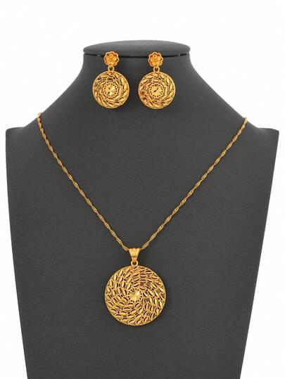 2 יחידות סט תכשיטי שרשרת ועגילים בסגנון בסגנון ערב הסעודית מצופה זהב, שרשרת אחת וזוג עגילים
