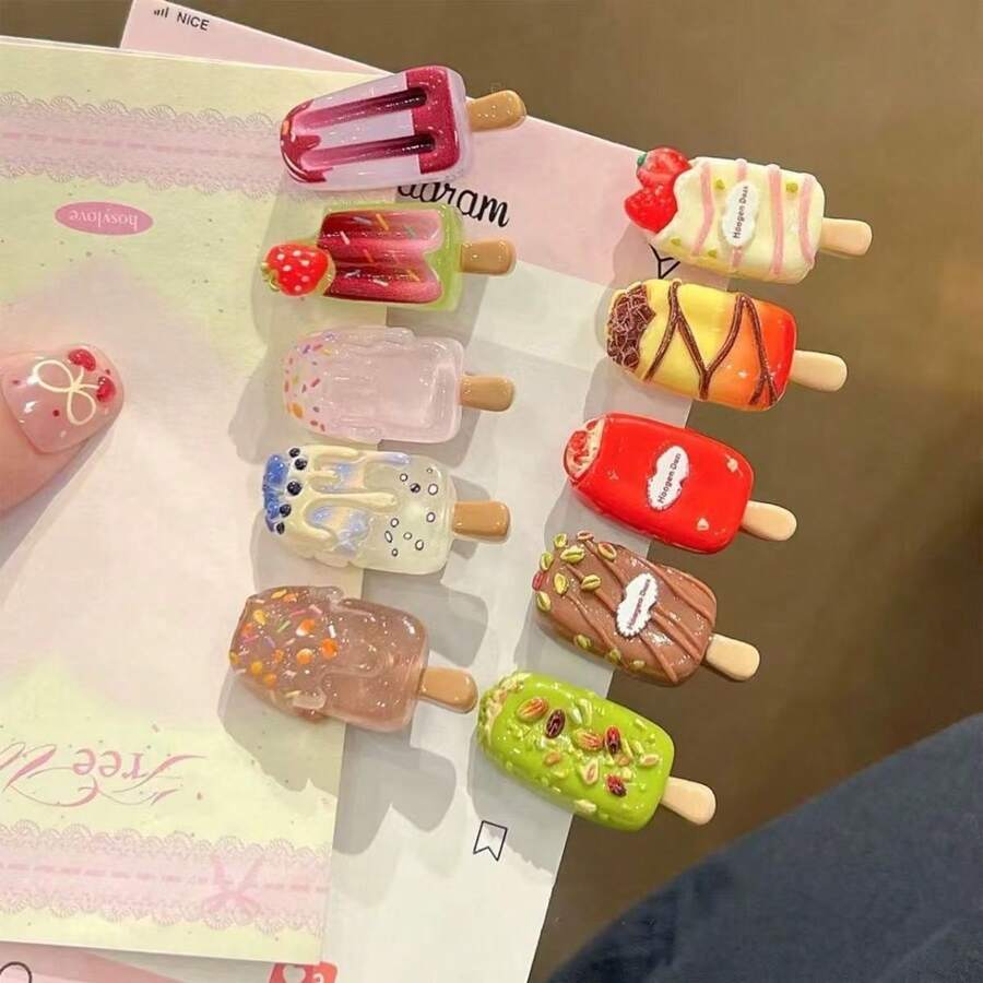 10个可爱迷你冰淇淋发夹，创意趣味冰棒刘海夹，卡通ins风高品质发饰 - A - 查看 1