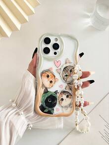 Cream Textured Wavy Edge Glossy Cat Painted Anti-Drop Phone Case With Beaded Bracelet Accessory, Compatible With IPhone 17pro/17Air /17/17promax16/11/16pro/16plus/16promax/16e/15Promax/13/14/12/XS/XR/7G/8P, Galaxy 11/12Pro/12/12X/13Pro/14Pro/15Pro/, 10/9/Note9/12c/Note11pro/Note8Pro - Multicolor - View 2