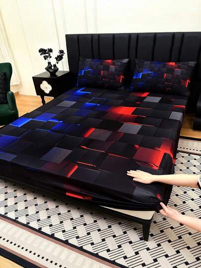 3 piezas Juego de sábana ajustable con estampado digital tecnológico a cuadros (1 sábana ajustable + 2 fundas de almohada sin relleno) para usar en casa, dormitorio, apto para todas las estaciones, con bolsillo profundo de 15 pulgadas, 15% viscosa de bambú, 85% poliéster