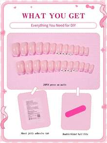 SANRIO 24片短方形3D豹纹法式美甲贴片，带有可爱蝴蝶结装饰设计，粉嫩少女风，完美适配亚克力假指甲套装，包含1片果冻胶和1个指甲锉，适合女性和女孩日常、派对和聚会使用。 - 彩色 - 查看 5