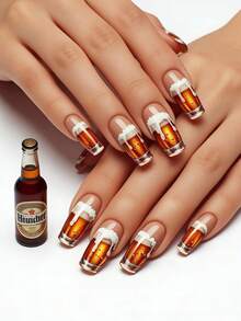 24 móng tay giả họa tiết cốc bia, móng tay giả bằng xốp màu hổ phách, decal trang trí móng tay vui nhộn cho các bữa tiệc, móng tay giả có thể tháo rời dùng hàng ngày, dự tiệc, du lịch. - Rỉ Nâu - Xem 9