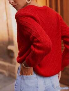 Solid Color Cardigan Long Sleeve Knit Sweater Jacket, Autumn/Winter - Đỏ - Xem 3