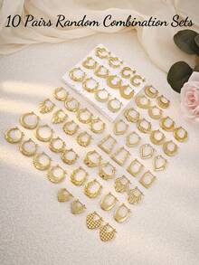 10 paires de boucles d'oreilles assorties pour femmes, boucles d'oreilles créoles classiques, boucles d'oreilles en forme de cœur en V romantiques, boucles d'oreilles élégantes en forme d'éventail, boucles d'oreilles carrées géométriques asymétriques martelées, ensemble de boucles d'oreilles de combinaison dorée, bijoux rétro, accessoires de maillot de bain pour vacances d'été à la plage, accessoires de tenue attrayants, accessoires de robe de mariée - Doré - Voir 2