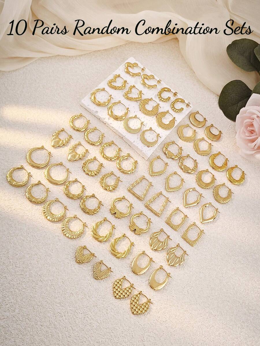 10 paires de boucles d'oreilles assorties pour femmes, boucles d'oreilles créoles classiques, boucles d'oreilles en forme de cœur en V romantiques, boucles d'oreilles élégantes en forme d'éventail, boucles d'oreilles carrées géométriques asymétriques martelées, ensemble de boucles d'oreilles de combinaison dorée, bijoux rétro, accessoires de maillot de bain pour vacances d'été à la plage, accessoires de tenue attrayants, accessoires de robe de mariée