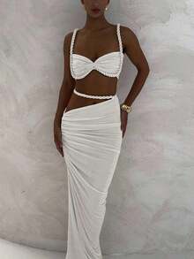 Women's Sexy Backless Camisole And Pleated Long Skirt Set, Summer Vacation Outfit - White - View 4