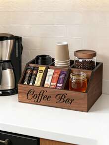 1PC Wooden Coffee Bar Organizer With 5 Compartments, Rustic Countertop Storage Box For Coffee Pods, Capsules, Cups, Spoons And Accessories, Farmhouse Kitchen Decor For Coffee Station - Multicolor - View 4