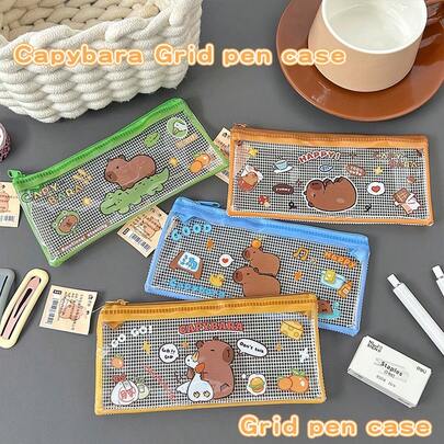 Hộp bút hình chuột lang nước, túi đựng văn phòng phẩm hình chuột lang nước trong suốt dễ thương, túi đựng bút di động cho học sinh, túi đựng đồ đa năng.