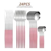 24pcs Pink Handle Stainless Steel Cutlery Set, Modern Tableware Set For 6 People, Including Steak Knife Fork Spoon, Suitable For Household Daily Use, Parties, Weddings - Pink Silver - View 7