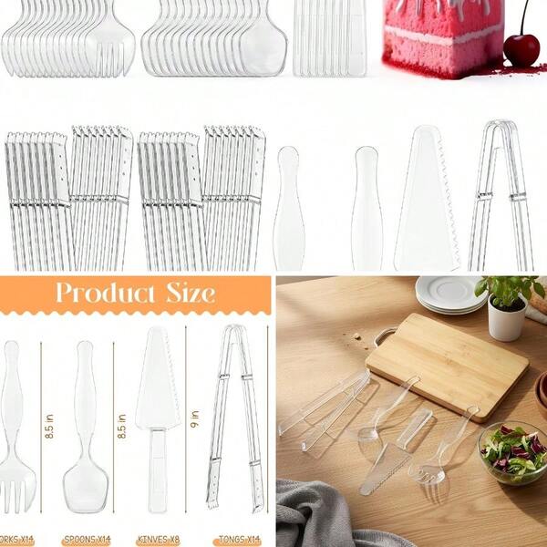 50 piezas Juego de utensilios de plástico desechables para servir que incluye cucharas de servir de 8.5", tenedores, pinzas de 9" y cuchillos para fiestas de cumpleaños, buffet, cena, comida y ensalada