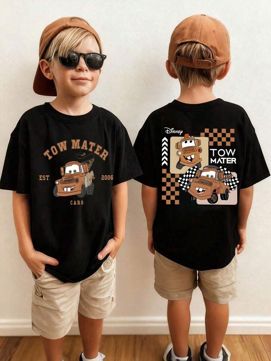 Disney's *Cars* Tow Mater-Themed Summer T-Shirt-An Ideal Gift For Children, Suitable For Both Boys And Girls To Wear To Holiday Parties, Family Meals, Outdoor Activities, Travel, Or Visits To Disney Parks. - 黑色 - 查看 1