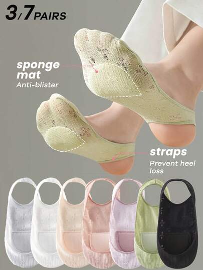 3/6 Pairs Lace Pattern Silicone Heel Grip Socks, Breathable Stockings