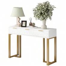 Modern Console Table With Drawers, Gold Frame, Adjustable Footrest And Elegant Handles (White + Gold) - White - View 7