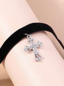 1 pieza Collar de cinta negra estilo gótico con colgante de cruz de rhinestone, adecuado para uso diario - Plateado - Ver 4