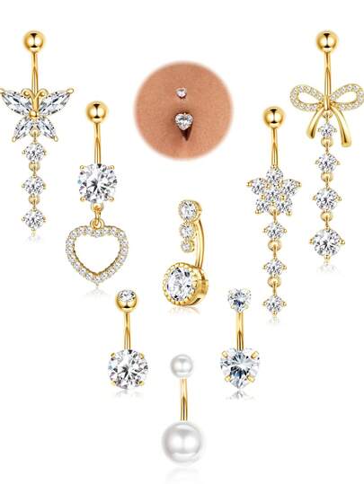 8件套肚脐环，款式多样，包括镶嵌锆石的蝴蝶、花朵、心形和圆形肚脐环，以及仿珍珠肚脐钉，不锈钢材质，适合女性日常佩戴。