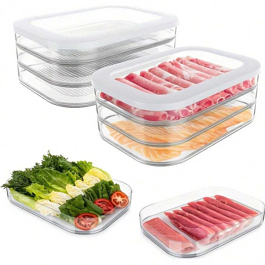 1-4层冰箱食品储物盒，带盖，可堆叠，适用于培根、奶酪、火腿、冷切肉、萨拉米香肠等，厨房冰箱收纳整理，防漏可重复使用，非常适合厨房、户外、露营、情人节、新年礼物 - 彩色 - 查看 1