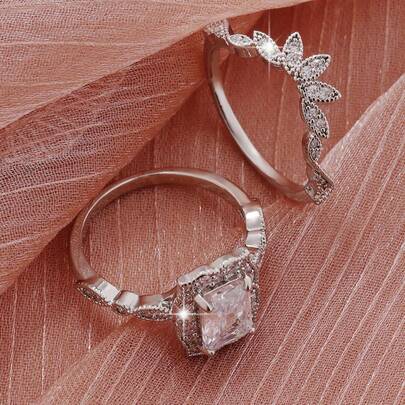 2 piezas Juego de anillos de pareja clásicos personalizados con incrustaciones de circonita cúbica brillante, adecuados para uso diario y ocasiones importantes, regalo perfecto para festivales, aniversarios, compromisos, bodas, cumpleaños