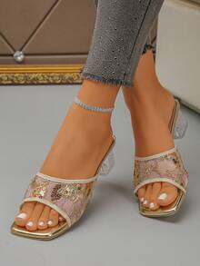 Dép lê nữ đế dày đính sequin lưới trong suốt, đính pha lê, kiểu dáng slip-on, thêu họa tiết, màu vàng. - Vàng - Xem 3